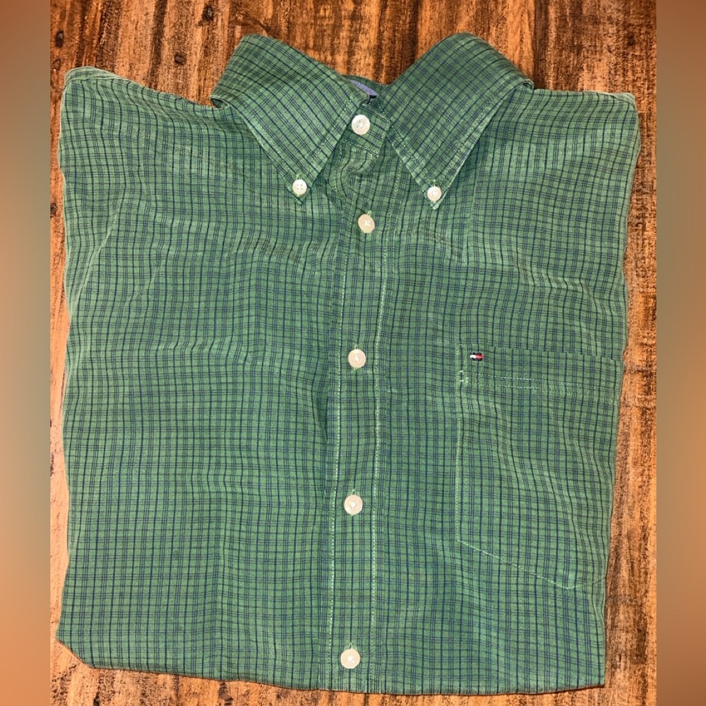 Tommy Hilfiger Men’s Large Green Plaid Button-Down Short Sleeve Shirt